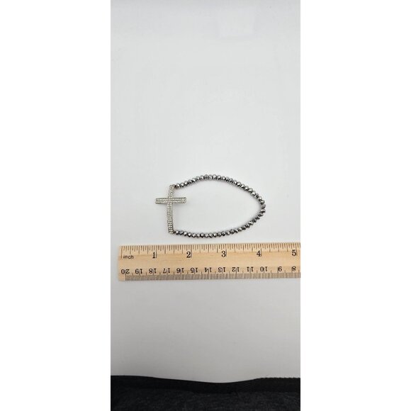 Women's Dark Silver Tone Rhinestone Cross Pendant Wrap Style Stretchy Bracelet - Picture 4 of 5